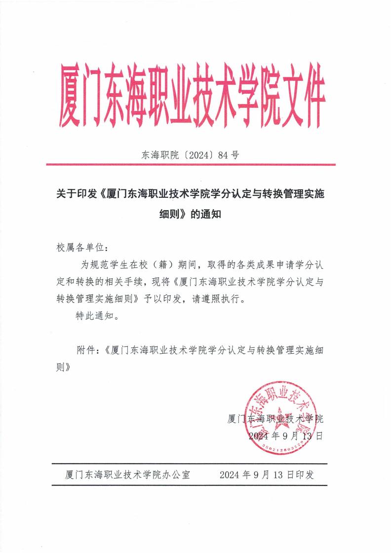 東海職院〔2024〕84號 關于印發《廈門東海職業技術學院學分認定與轉換管理實施細則》的通知_00.jpg